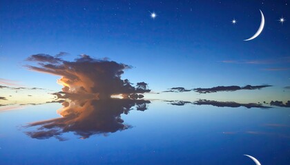 Reflecting clouds and crescent moons mirror in twilight water