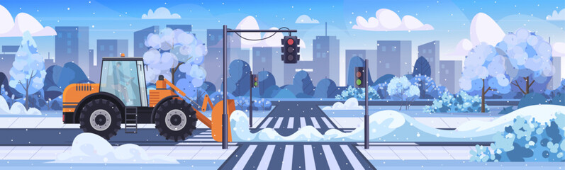 Snowplow clearing snow from a crosswalk at an intersection. Winter road safety. City infrastructure in snow. Vector Not AI generated ©  HourGlass