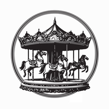 Carousel merry go round with horses silhouette vector in white background
