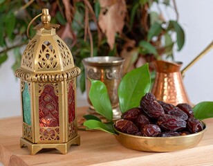 Ornate lantern, dates, and copper pot on wood
