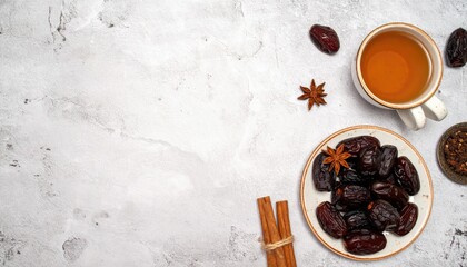 Warm tea, dates, cinnamon, star anise, and spices on a stone surface