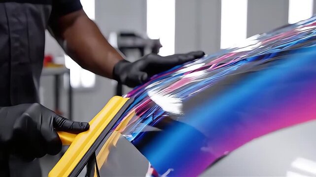 Person applying wrap to vehicle closely in a workshop environment