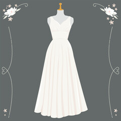 Stylish white wedding dress on a mannequin. Pretty bridal elegant gown for reception, stylish background with flowers and pearls. Vector illustration