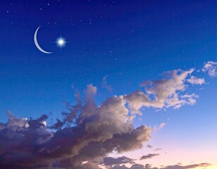 Crescent moon, bright star, and dramatic clouds in twilight sky