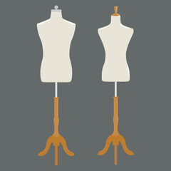 Male and female dressmaking mannequin with base stand. Tailor dummy torso. Stylish vintage mannequins. Professional display model, body form for clothing. Vector illustration