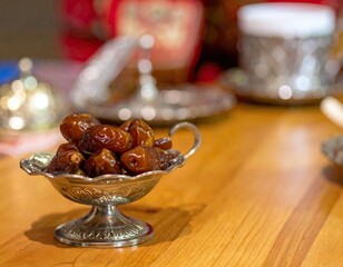 Sweet dates in ornate silver bowl on wooden table