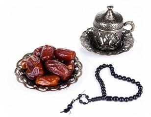 Dates, ornate cup, saucer, and prayer beads