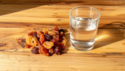 Dried fruit and glass of water on wooden table