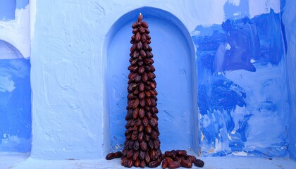 Tall, conical arrangement of dark, dried fruits against a blue wall