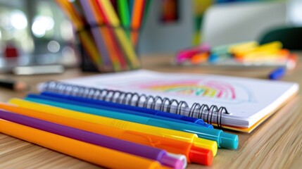 Vibrant Colored Markers and Spiral Notebook on Wooden Table in a Bright Creative Workspace