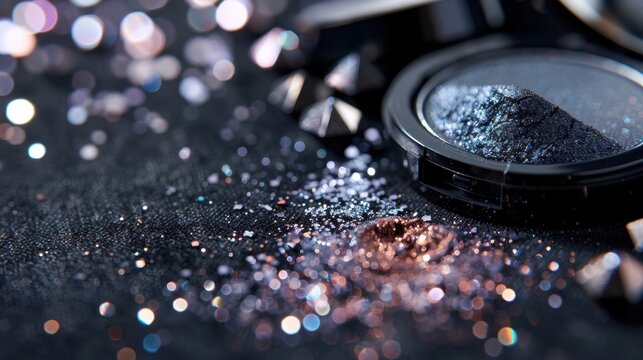 Close-Up View of Shimmering Cosmetic Glitter and Makeup Products on a Dark Textured Surface