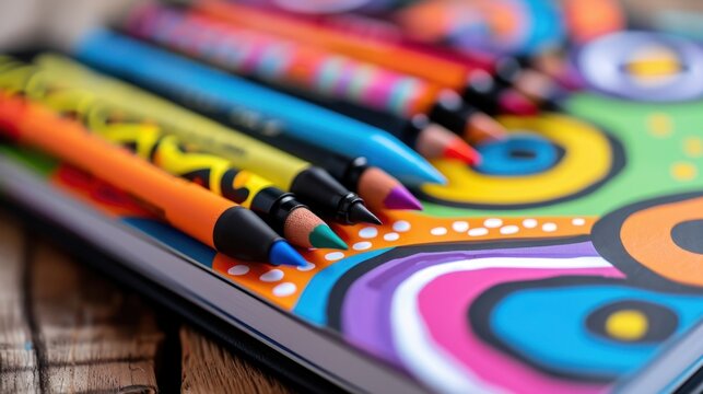 Vibrant Colorful Art Supplies on Creative Abstract Background with Bright Patterns and Whimsical Designs