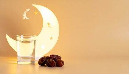 Crescent moon lamp, dates, and glass of water