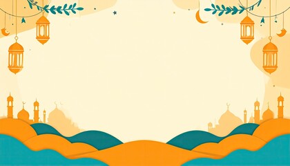 Festive lanterns and mosques on a warm, layered background