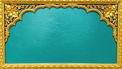 Ornate golden archway frames textured teal background