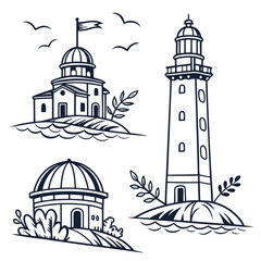 A picturesque illustration of a lighthouse, church, and dome with birds flying in the sky Vector © Abu