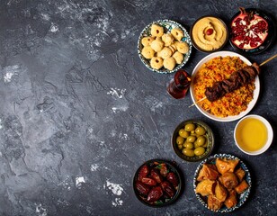 Middle Eastern spread kebab, couscous, dips, dates, olives, pastries