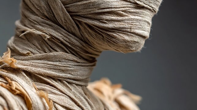 Ancient Egyptian mummy wrapped in linen bandages close-up side view texture history artifact