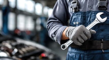 Auto mechanic standing confidently with wrench in workshop