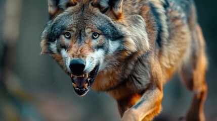Fototapeta premium Majestic Wild Wolf in Motion Captured in Nature, Displaying Strength and Intensity Near Forest Background