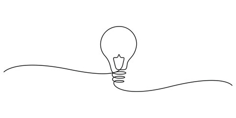 Continuous one-line drawing of a light bulb, minimalist symbol for ideas and creativity © MD