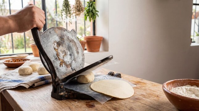 Making fresh tortillas with a vintage tortilla press and dough