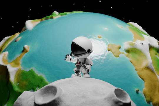 3d cartoon astronaut exploring asteroid in space with planet background