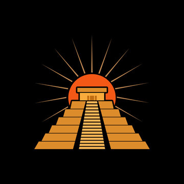 Maya pyramid with sun icon isolated on black background