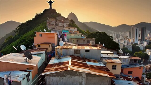 Gliding over the favelas of Rio de Janeiro, textured rooftops sprawling up hills towards Christ the Redeemer, 4K.