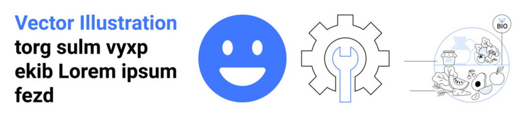 Obraz premium Technology, education, process optimization, modern tools, user experience, digital learning. A happy face, gear with wrench and technical minimalist diagram. Technology and education concept