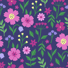 Seamless pattern of flowers on a dark blue background. Vector graphics.