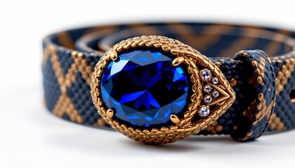 A luxurious necklace featuring a prominent round blue gemstone with multiple smaller facets