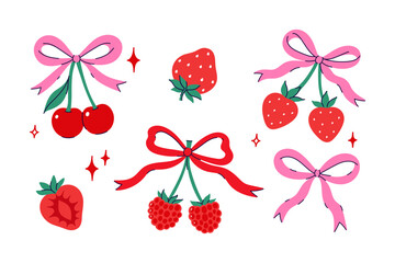 A set of cherries, strawberries, raspberries, and bows. Vector graphics