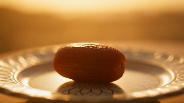 Close-up shot of a single, oval-shaped dessert on a decorative plate with a warm, golden light casting a soft glow.