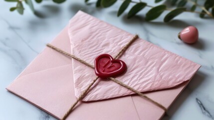 Naklejka premium Romantic Pink Envelope with Wax Seal and Twine on Marble Background Surrounded by Greenery