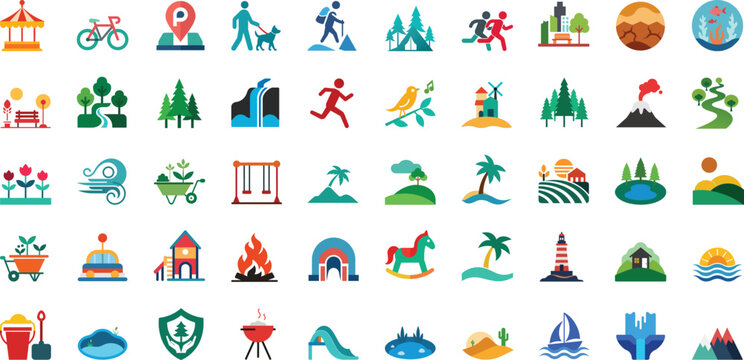 Nature landscape and park recreation colorful icon set, outdoor leisure activity garden playground symbol, camping travel scenery vector illustration