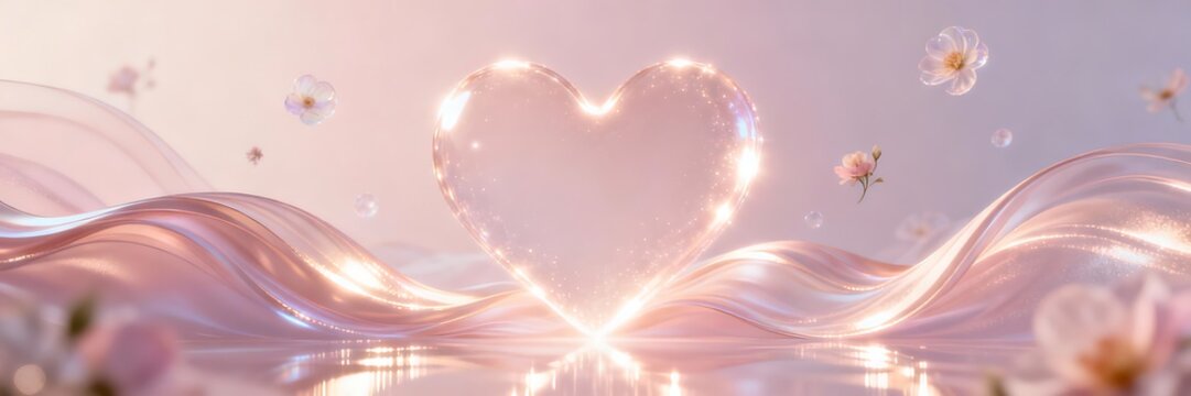 Luxurious Valentine banner with glowing abstract heart waves, soft reflections, floating floral elements, pastel gradient