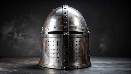 Medieval steel close helmet with polished surface, rivets, and ventilation slits.