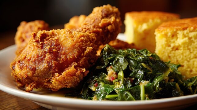 Traditional Southern Fried Chicken Meal with Collard Greens and Cornbread