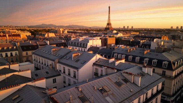 Aerial drone shot over Paris rooftops with Eiffel Tower in background, sunset lighting, cinematic movement, clean architecture