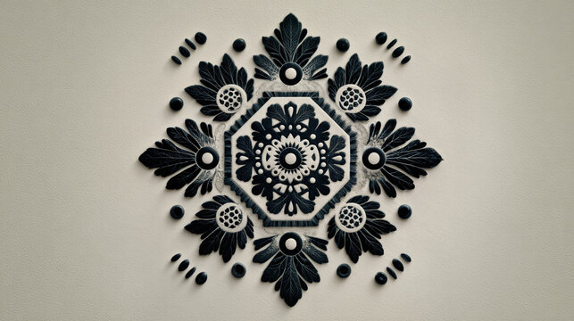 Minimalist black floral abstract pattern with geometric hexagonal center inspired by regional craft on clean neutral background for local flavor design motif