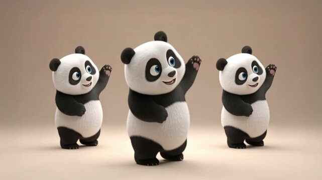 Three Panda Characters Waving Their Paws in Animated Sequence
