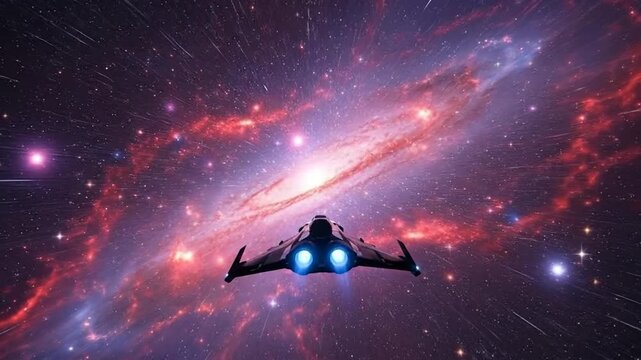Futuristic spaceship hurtles through the vast expanse of space, leaving streaks of light in its wake, with a nebula