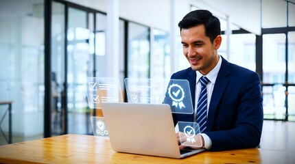 Fototapeta premium Quality Assurance and Certification Concept with Businessman Working on Laptop in Modern Office