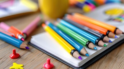 Naklejka premium Colorful Art Supplies Arranged Neatly on a Wooden Table with a Sketchbook and Decorative Items for Creative Projects