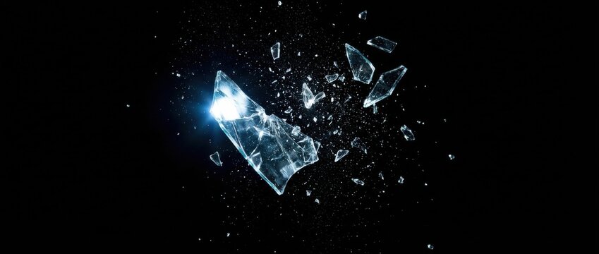 Shattered glass fragments exploding with bright light on a dark background.