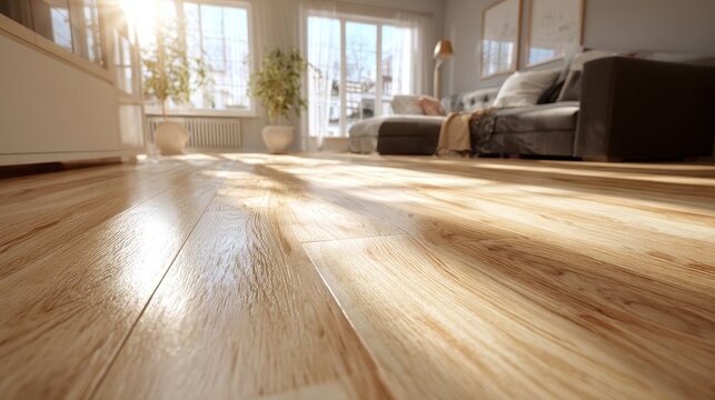 Light brown hardwood floor in a sunlit modern living room interior close up