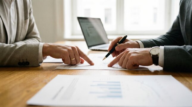 Two business people discussing documents and pointing at papers on a wooden table in an office setting.