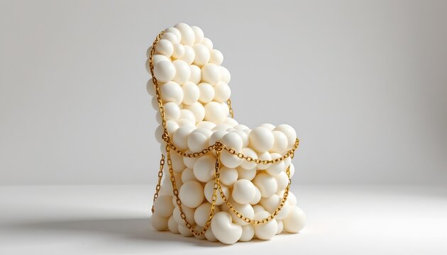 An unconventional piece of furniture: a chair made out of white spheres, with gold chains adding an unexpected element to its design