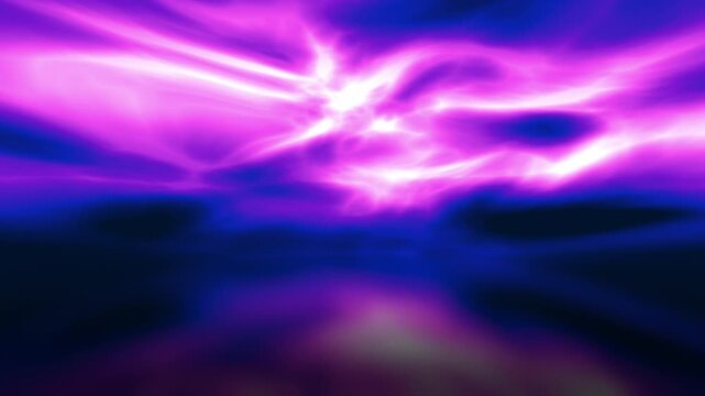 Electric plasma aurora sky with reflection. Seamless loop with copy space. Neon purple, pink blue colors. Digital animation.